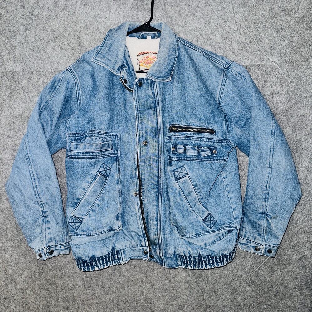 Rare VTG MILANO BAY Denim Jean Jacket 90s inside sherpa L multiple pockets Y2K